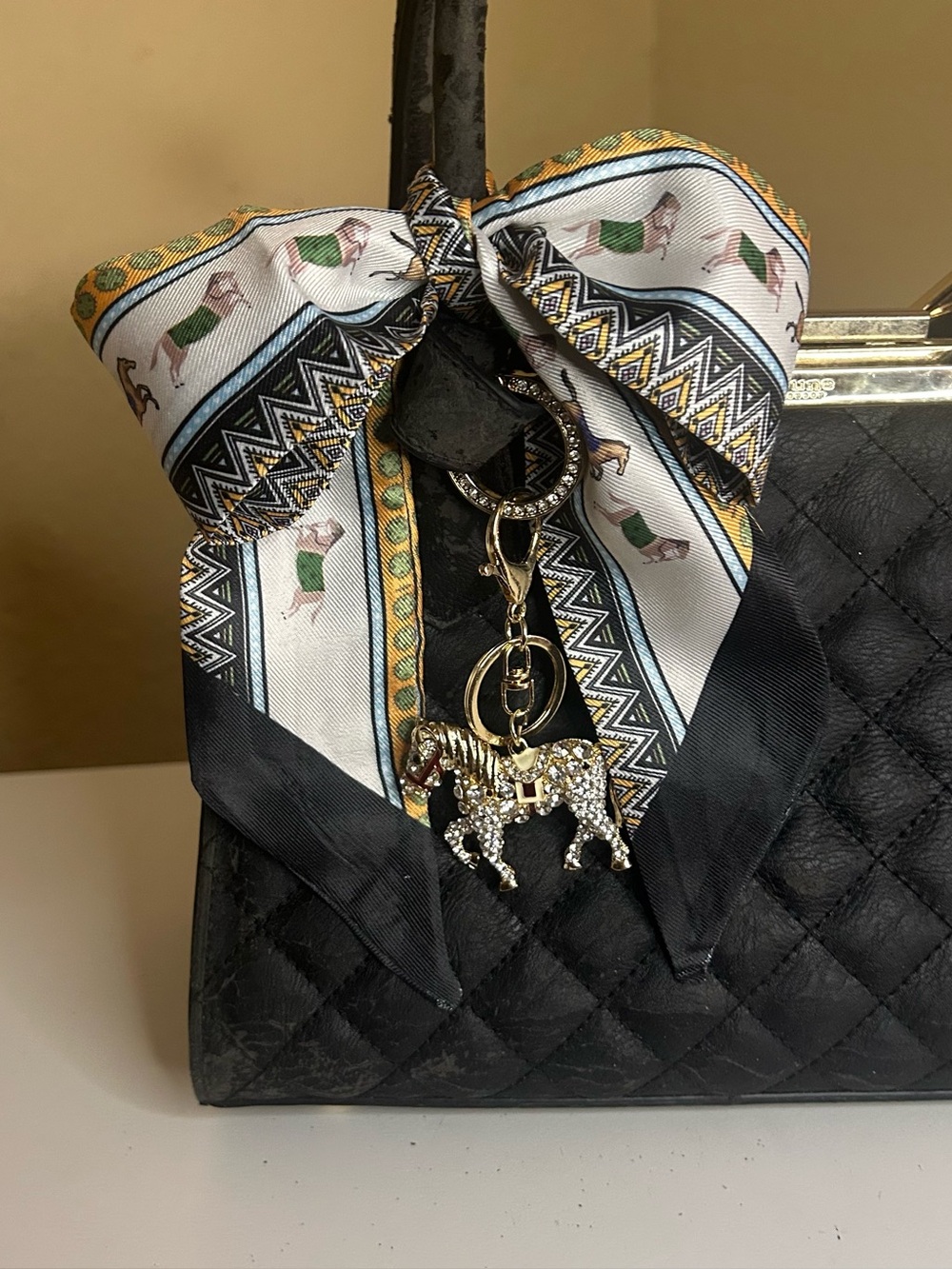 Equestrian Horse Twilly Women Bag Scarf. Black White